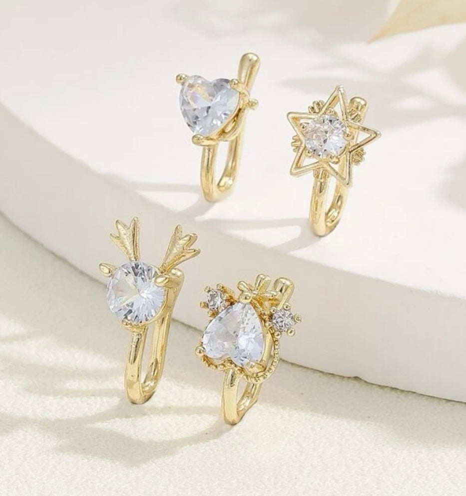 4pcs Copper Faux Nose Ring With Gold-plating And Hollow Out Stars, Deer And Heart-shaped Rhinestone